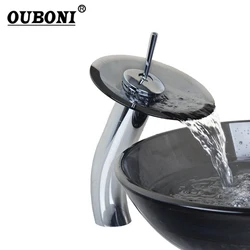 OUBONI Black Glass Chrome Brass Transparent Tempered Glass Waterfall Faucet Glass Bathroom Sink Tap Mixer Faucet