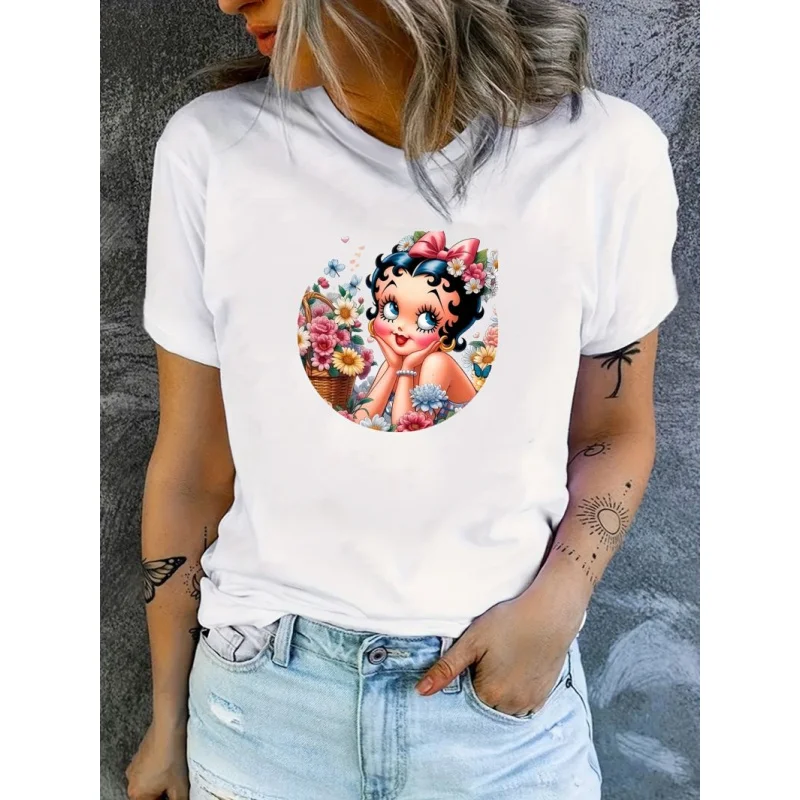 

Новая летняя футболка свободного покроя в европейском и американском стиле с короткими рукавами и принтом мультяшных персонажей