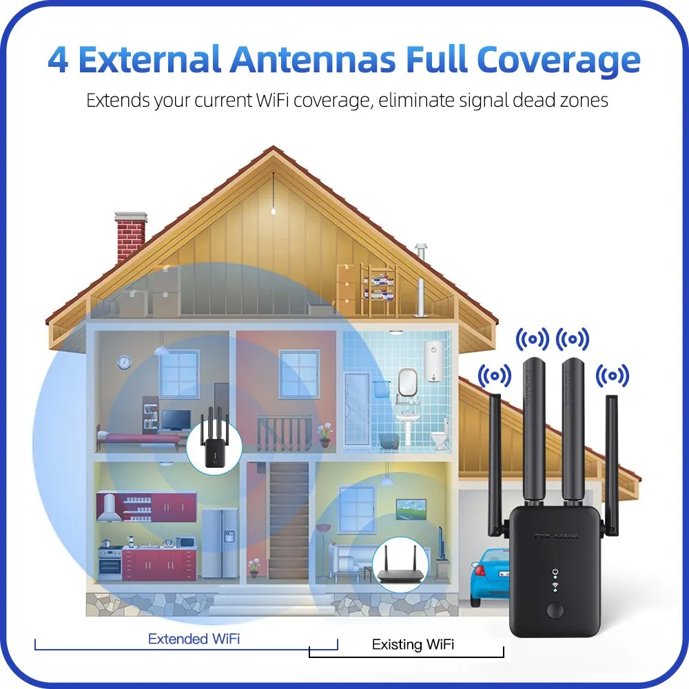 Repetidor sem fio preto interior, amplificador de sinal, extensor de antena 4 para casa, PIX-LINK WR42Q QCA9535, 300Mbps