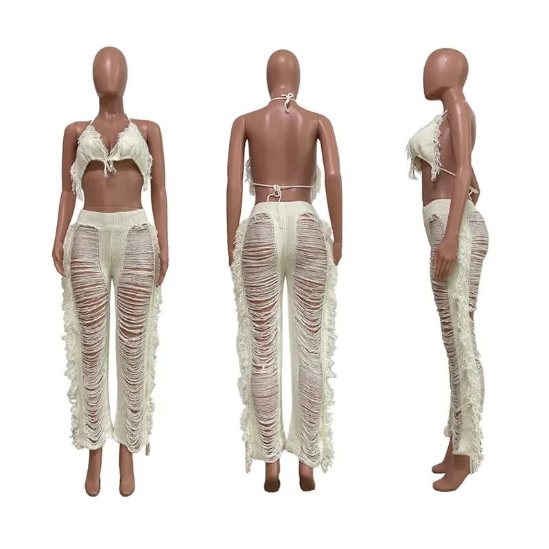 Sexy Knitted Tassel Two Piece Club Outfits for Women Beach Wear Summer Rave Outfit Vacation 2 Piece Set Women Matching Sets 2024