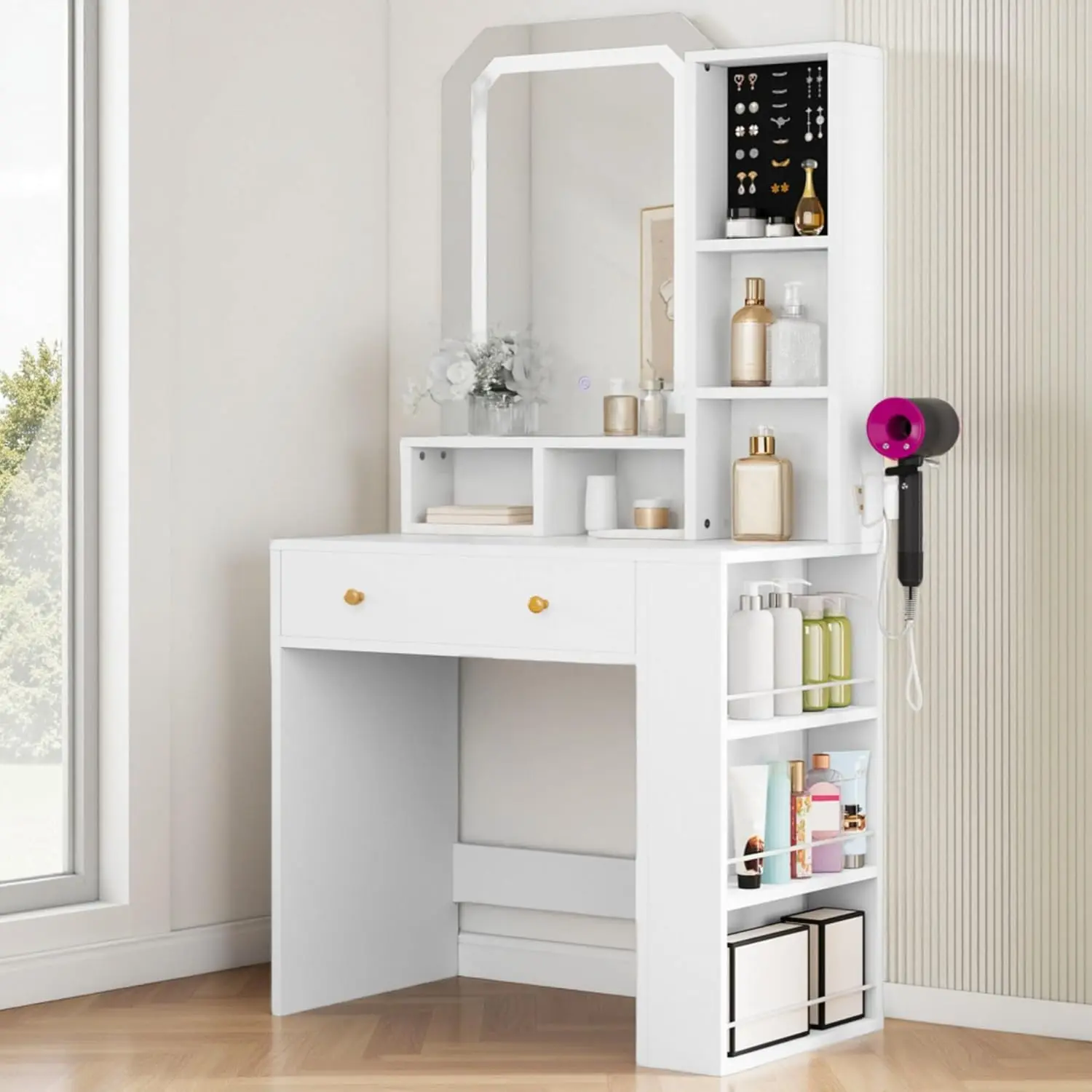 

Vanity Desk with Lighted Mirror, Deep Drawer & Storage Shelves, Small Makeup Vanity with Jewelry Organizer & Hairdryer Holder
