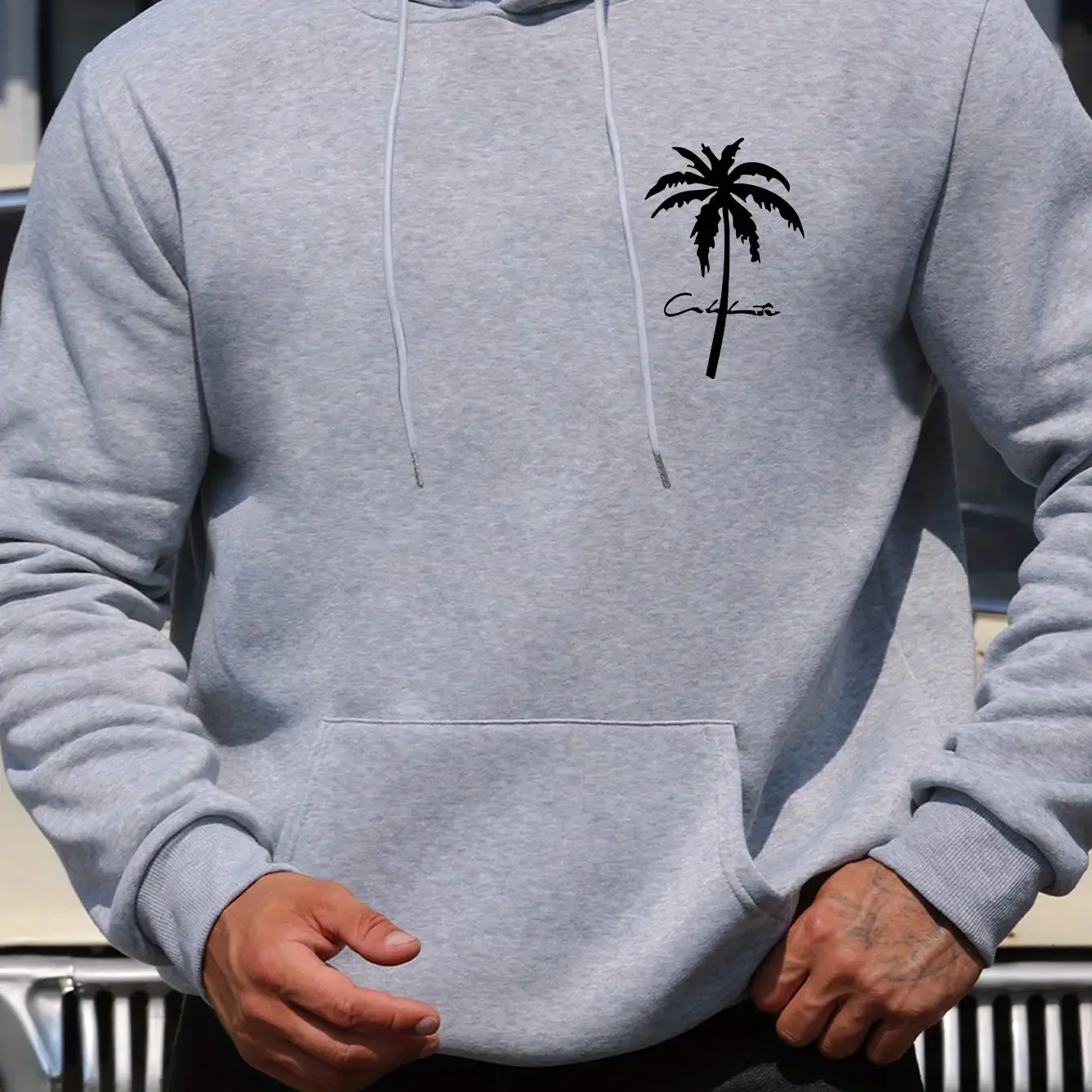 Men Minimal Palm Tree Signature Chest Print Hoodie Loose Pocket Pullover Beach Streetwear Unisex Sweatshirt