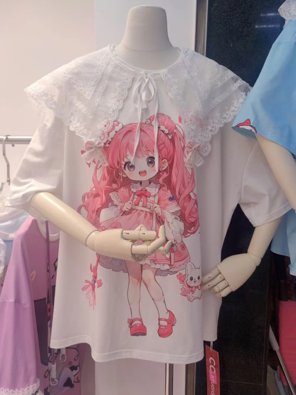 Korean New Peter Pan Collar Cute Cartoon Lace Sleeve T-shirt Women 2024 Summer Heavy Industry Beads Printed Fashion Tops