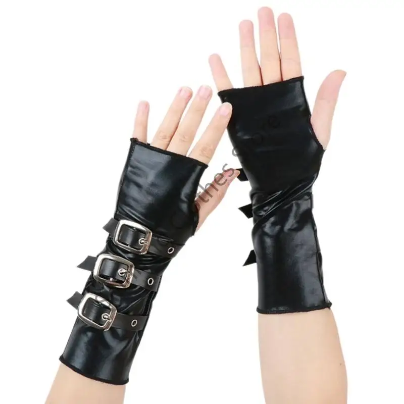 

M68A Halloween Party Gloves Metal Buckles Design Comfortable PU Leather Arm Covers