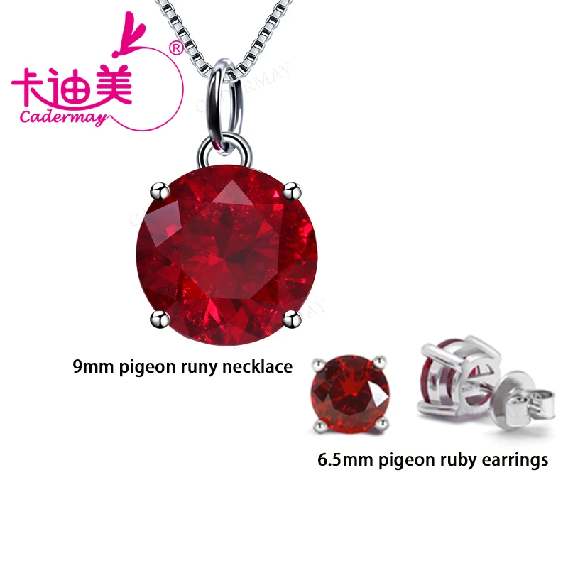 CADERMAY 6.5mm Pigeon Blood Red Color Earrings Lab Grown Ruby With Inclusions S925 Sterling Silver Necklace For Women Jewelry