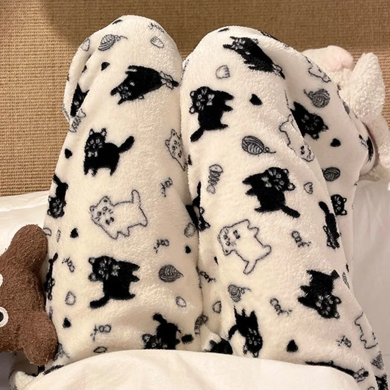 Black Cat Cartoon Pajamas Pants Kawaii Christmas PJS Korean Women Winter Warm Fluffy Flannel Sleepwear Girls Cute PJ Pants view 5