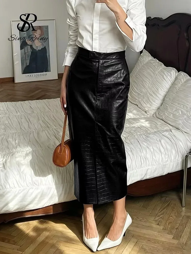 Korean Solid Color High Waist Versatile Leather Long Skirts Autumn Fashion Retro Slim Office PU Split Long Skrits Street Style