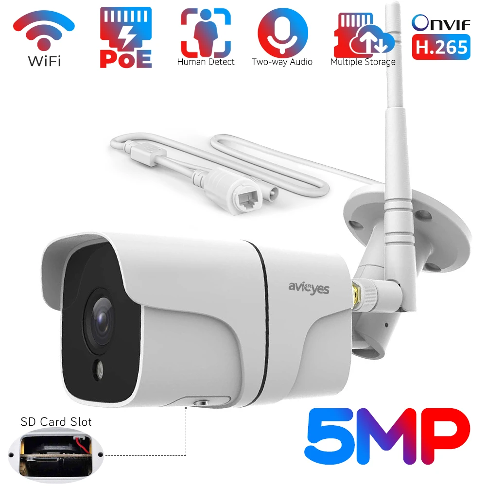 5MP Wifi PoE IP Camera Outdoor Two-way Audio SD Card & Cloud Storage Onvif CCTV Security Camera H.265 Surveillance Cameras iCSee