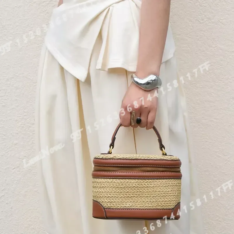 for French Retro Straw Woven Leather Contrasting Color Portable Small Square Bag Brown Leather Texture Vacation Commuter Box