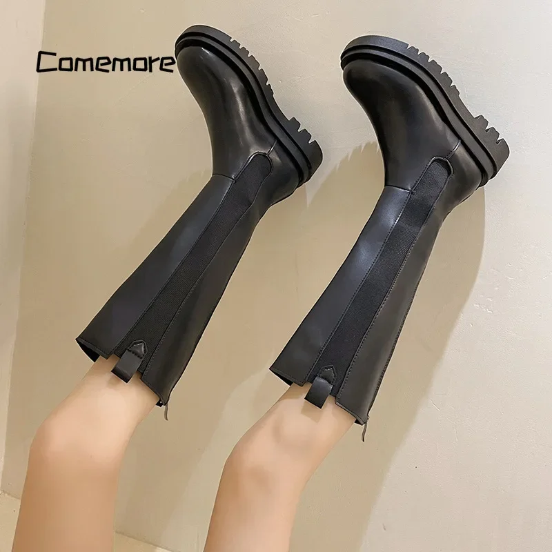 Comemore Women Heels Fashion Slip on Shoes Ladies Elegant Thick Sole Long Knight Boot Demi-season Platform New Winter Punk Boots