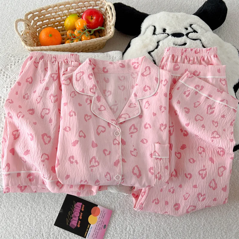 Милый Instagram-стиль с леопардовым принтом, модные женские летние пижамы с короткими рукавами в корейском стиле, комплект из трех предметов с облаком