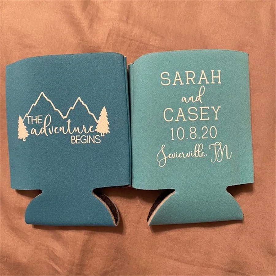 Fall Wedding Favors - Rustic Mountain Wedding Personalized The Adventure Begins Can Coolers, Destination Favors for Guests