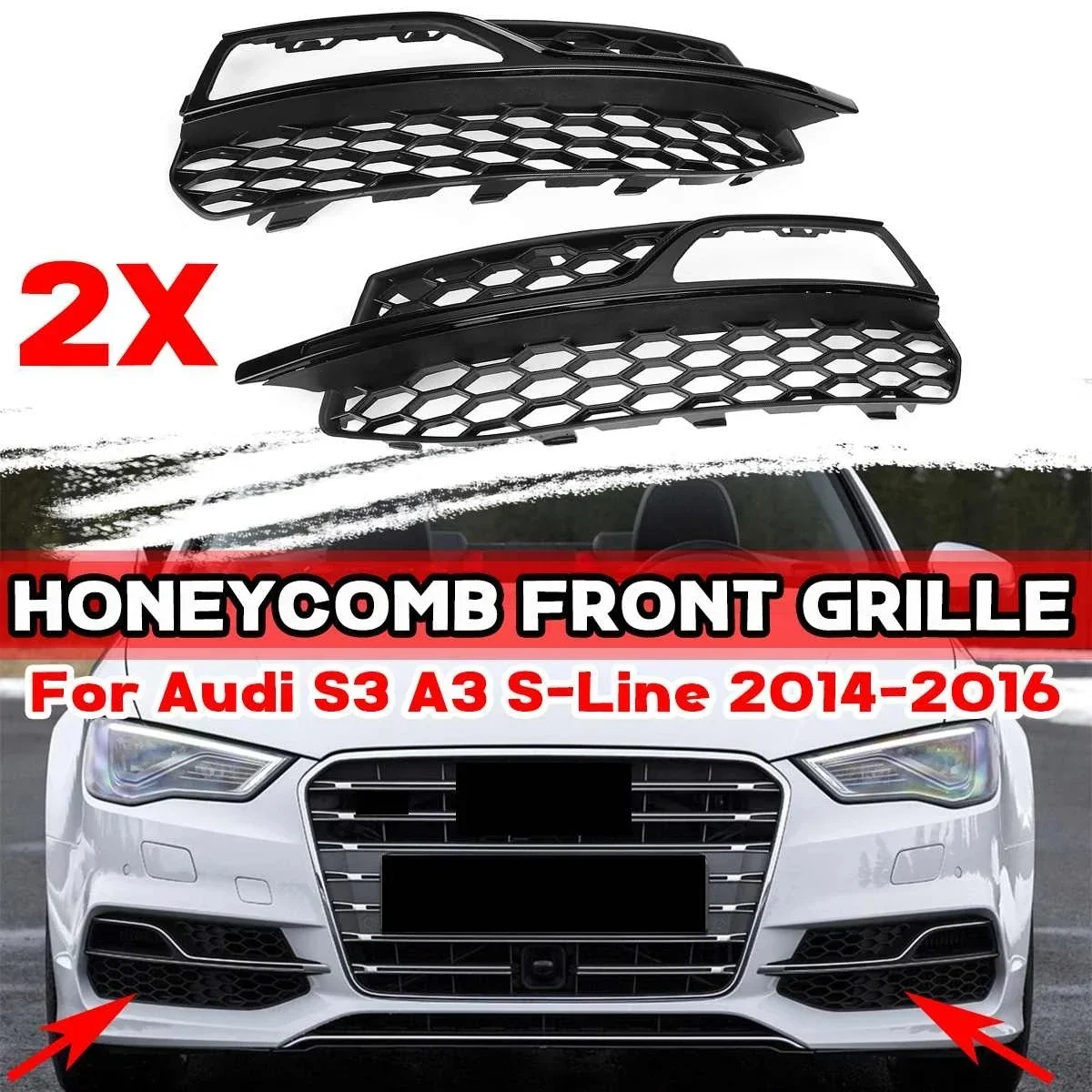 For Audi A3 S-Line S3 14-16 Pair Left Right Front Bumper Honeycomb Mesh Fog Light Grille Grills Cover Black 8V3807681 8V3807682