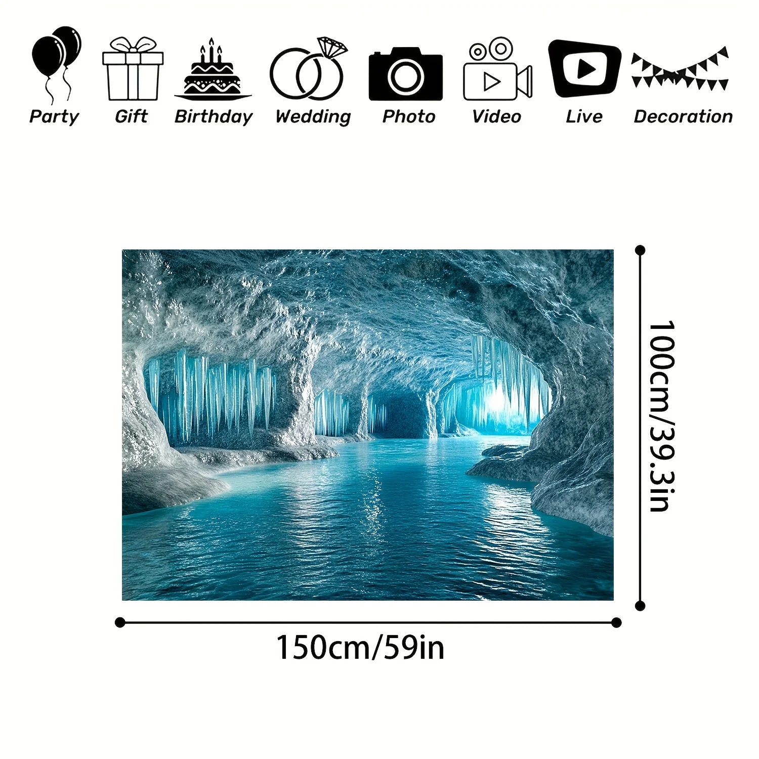Luxurious Blue Cave Cavern Mural Tapestry Waterproof Crystal Underwater Waterfall Wall Art Polyester Print Decor Decoration