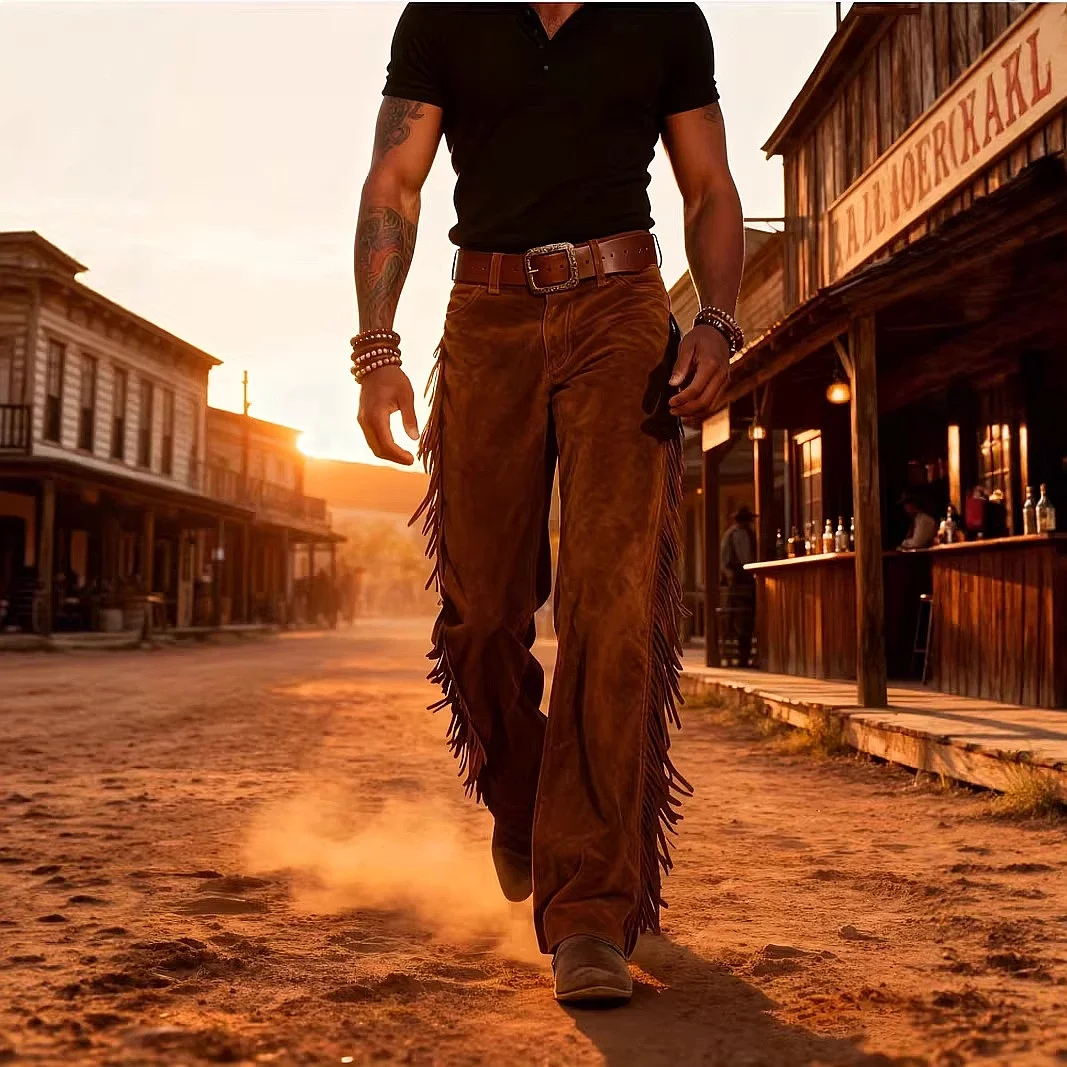 Vintage Western Cowboy Fringed Suede Flared Pants Men Overall Jumpsuit Playsuit