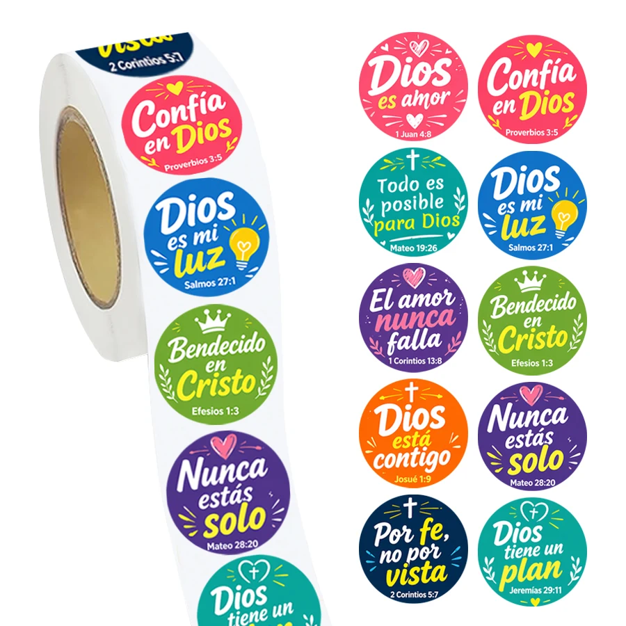 

500 Pcs Spanish Bible Verse Stickers Roll, Colorful Round Inspirational Scripture Labels for Packaging, Gift Wrapping