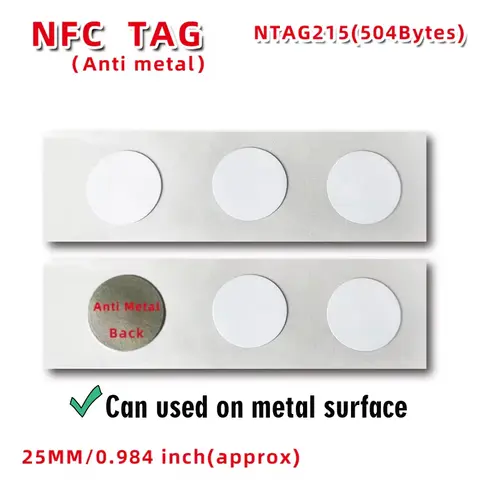 10Pc RFID 라벨 방지 금속 Ntag215 태그 온메탈 NFC 스티커 모든 NFC 지원 휴대폰 장치용 재기록 가능 스티커 NFC 태그