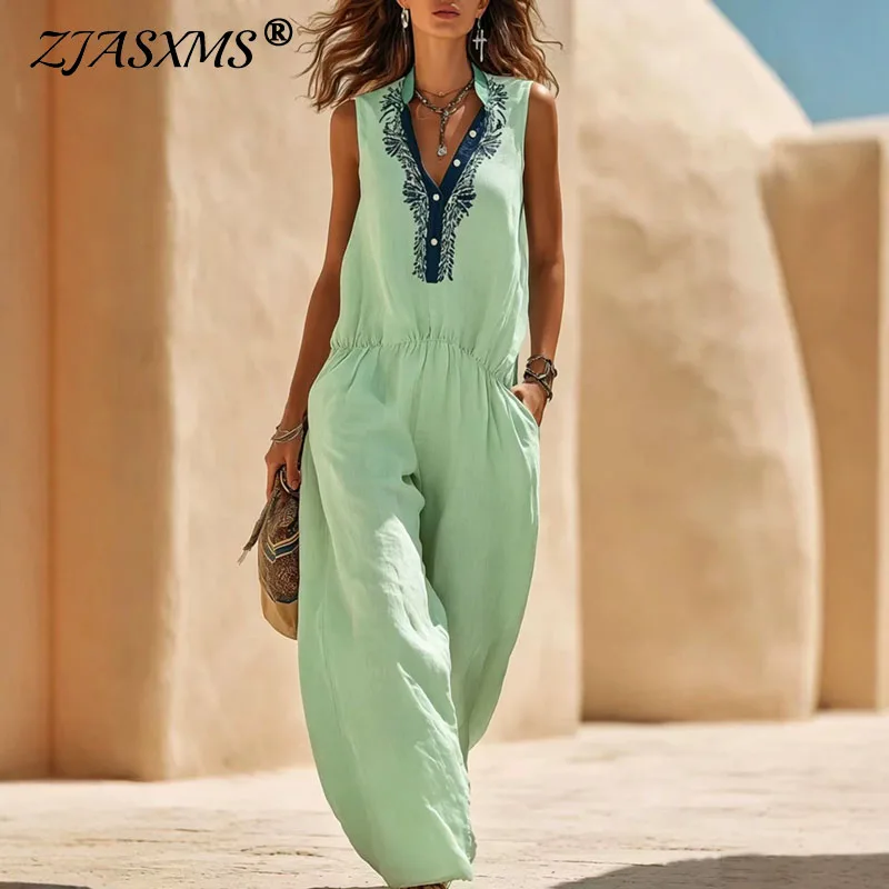 

Boho Print V Neck Button Holiday Jumpsuit Spring High Waist Wide Leg Pants Women Rompers Summer Sleeveless Loose Pocket Overalls