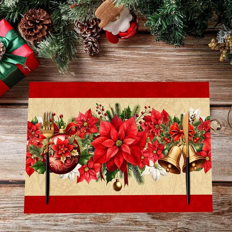 VIKAMA Christmas Placemat Red White Poinsettia Gold Bell Holly Berry Xmas Dining Table Mat Heat Resistant Winter Holiday Party