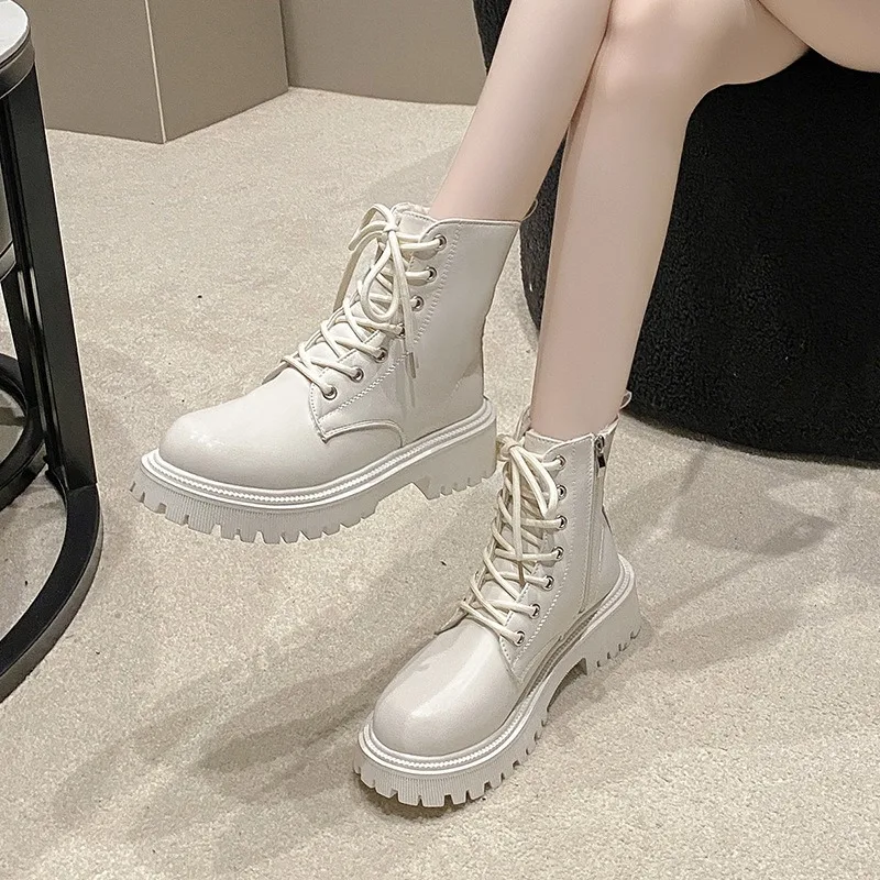 Women's Boots 2024 Autumn/Winter New British Style Plush Fashion Thick Bottom Motorcycle Boots Lace Comfort Zipper Snow Boots