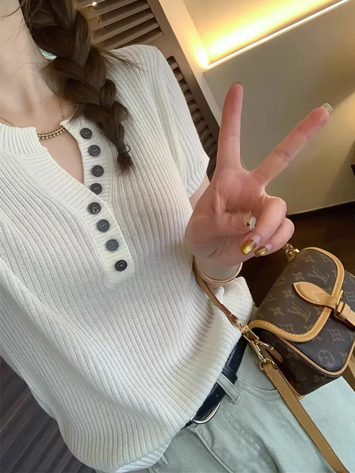 

Love Devil Fish Women's Knitted Woolen Sweater Short Sleeve Half Open Collar Striped Summer New Style Korean Version Slim Fit