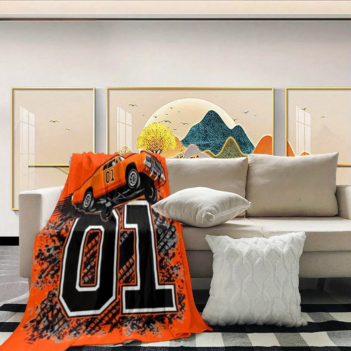 Giant Orange Racing Theme Sports Blanket Throw for Couch Bed Winter Fleece Luxury Decorative Plush Cover 150x230cm