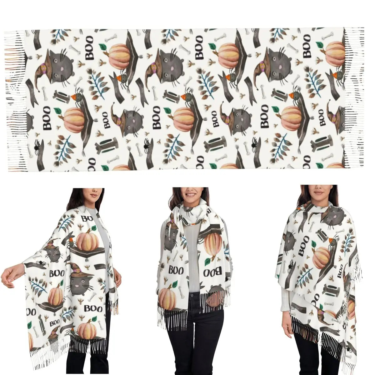 Witch Black Cat Pumpkin Halloween Pattern Scarf Tassel Scarves Women Soft Warm Shawls and Wraps Long Fall Winter Shawl Wrap