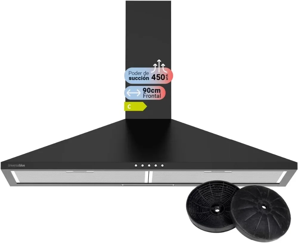 Campana Extractora Piramidal Negra 90 cm Extractor Aire Filtros de Carbono 3 Velocidades Control por Boton