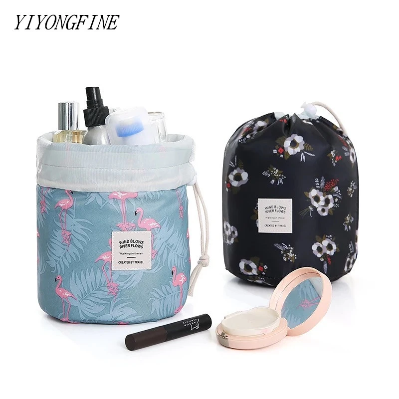 Women Lazy Drawstring Cosmetic Bag Color Cylinder Drawstring Travel Makeup Bag Large Capacity Beauty Makeup Storage Toiletry Kit