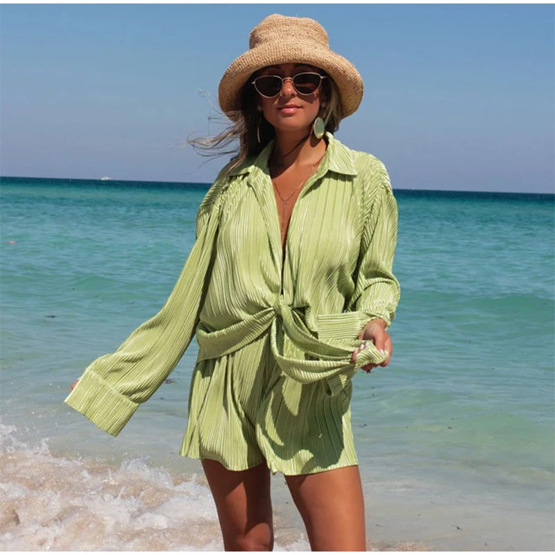 

Summer Shorts Women Pajamas Suits Solid Lapel Long-sleeved Lace Up Shirt Shorts Female Fashion Loose Two Piece Home Sets Outfits