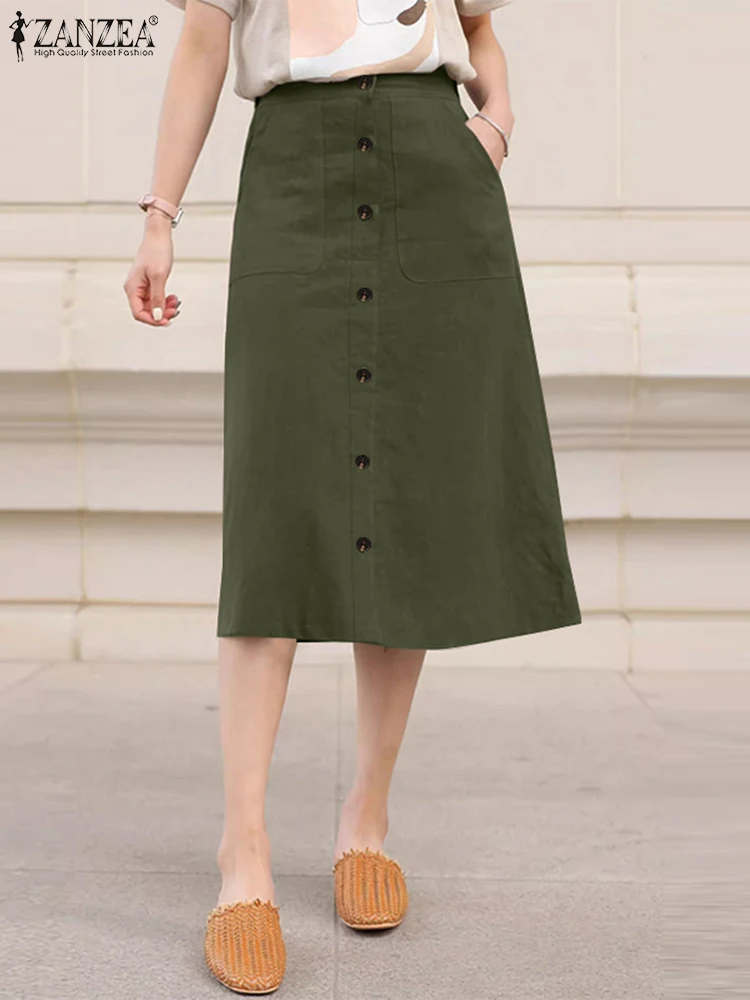 ZANZEA Women Vintage Knee-length Skirts Summer A-line Loose Faldas Vestidos Elegant Work Sundress Autumn Button Up Jupe Femme