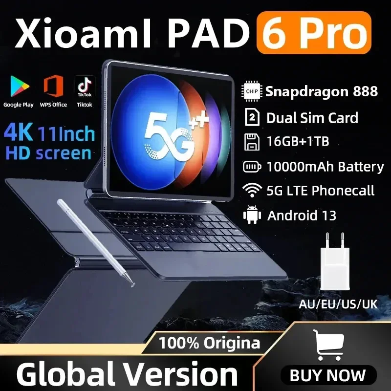 

New Global Version Original Pad 6 Pro Tablets PC Snapdragon 888 10000mAh Android 13 11 inch 16GB+1TB 5G HD 4K Screen WIFI Mi Tab