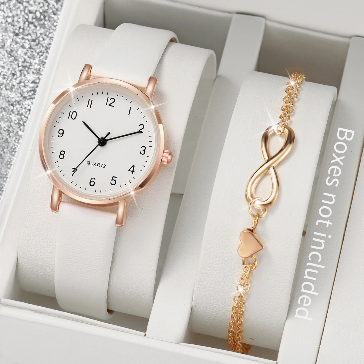 2 unids/set reloj de cuarzo Simple con correa de cuero blanco para mujer con pulsera de corazón de amor