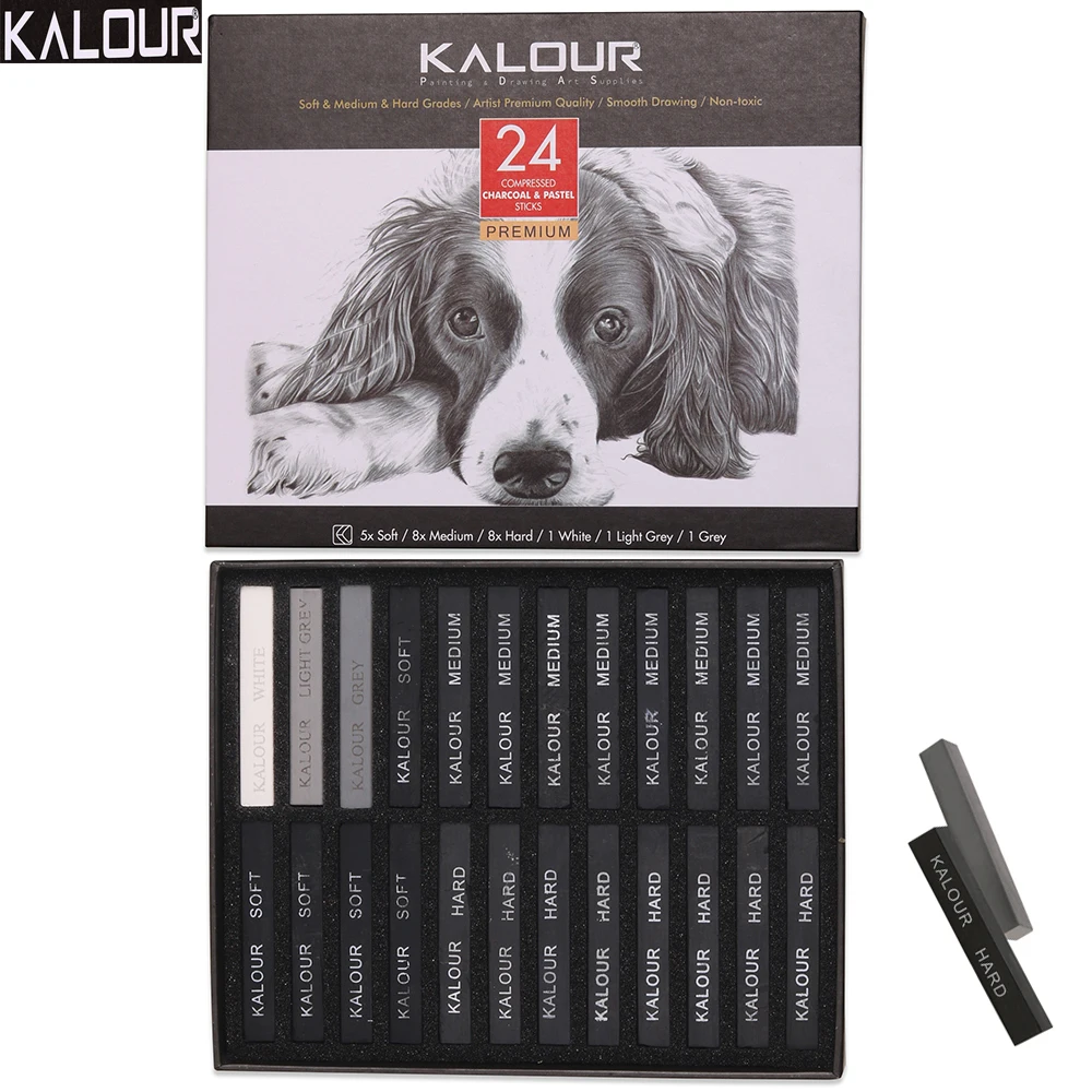 KALOUR 24pcs Charcoal Sketch Sticks,Soft&Hard&Medium Grades Black/White/Gray Professional Drawing Set Multi-purpose Art Tools
