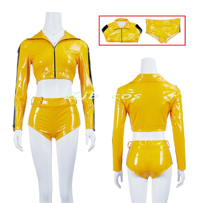 

Movie Kill Bill Cosplay Costume Yellow Sexy Top Shorts The Bride Beatrix Kiddo Cosplay Tight Navel Exposed Leather Jacket Women