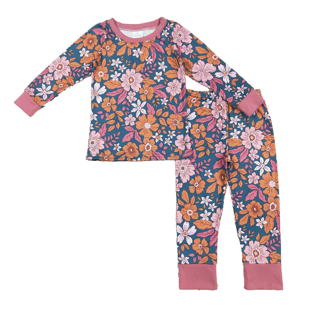 

9.17 Autumn Wholesale Western Boutique children Baby Girls Lavender Long Sleeves Floral Top Pants Pajamas Sets