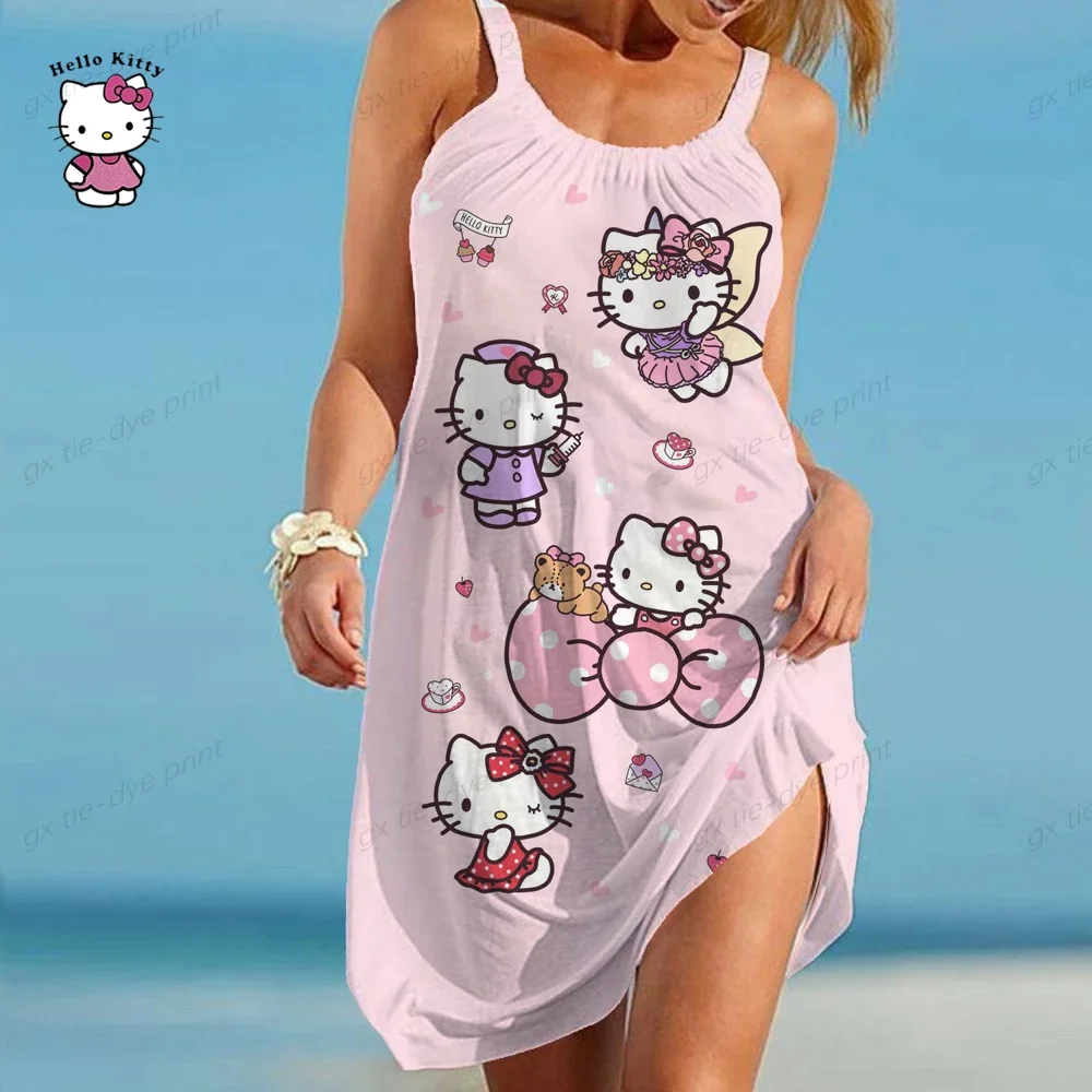 Hello Kitty Print Mouwloze Jurk Vrouwen Vakantie Strand Mini Hawaiiaanse Jurk Boho O Hals Casual Mode Slanke Losse Jurken 2023