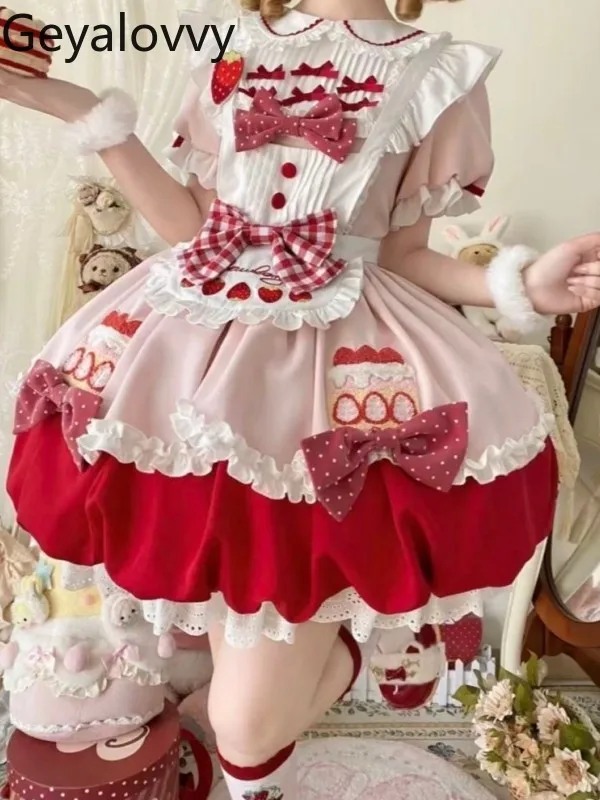 

Модные летние платья-бальные платья в стиле Лолита для женщин, новинка 2026 года, летнее милое пышное платье на бретельках с бантом и фартуком для девочек