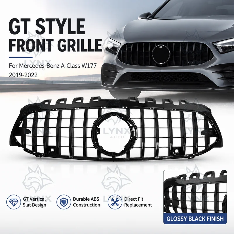For 2019-2022 Mercedes-Benz A-Class W177 GT Style Glossy Black Vertical Slats Front Grille Tuning Aftermarket Upgrade