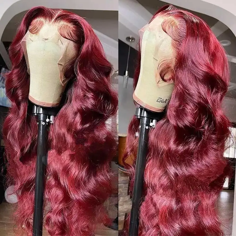 99j borgonha onda do corpo perucas dianteiras do laço cabelo humano 180% densidade 13x4 peruca frontal do laço pré arrancado com cabelo do bebê para mulher