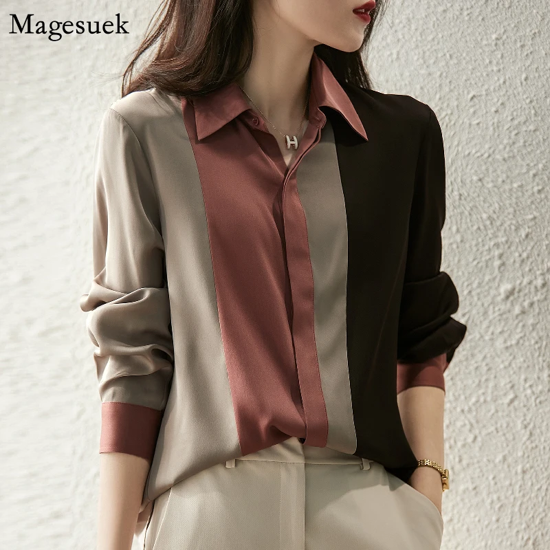 2024 Women Satin Button Blouse Autumn New Vintage Long Sleeve Polo Collar Women Shirt Elegant Loose Tops Clothing 18146