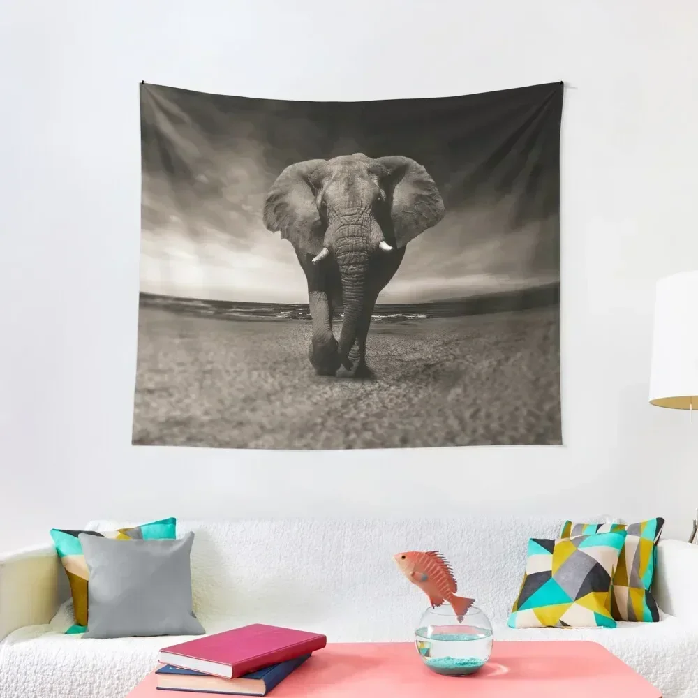 Elephant Black and White Photo-realistic Bull Elephant Print Tapestry Wall Deco Room Decoration Korean Style Tapestry