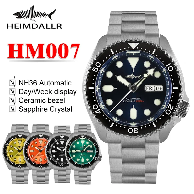 Heimdallr SKX007 Dive Watch Date/Week Display Ceramic Bezel 200m Waterproof Sapphire Glass NH36 Automatic Mechanical 41mm Watch