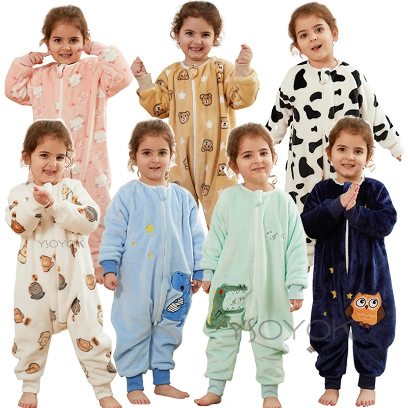 Pijama de flanela infantil, sacos de dormir macacão para meninos e meninas, roupas domésticas, 1 a 6 anos, inverno