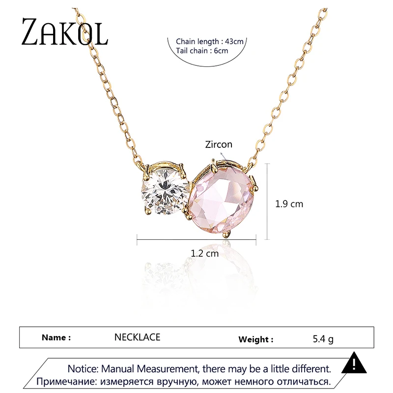 ZAKOL New Fashion Pink Oval Cubic Zirconia Pendant Necklaces for Women Geometric Gold Color Choker Girls Party Jewelry