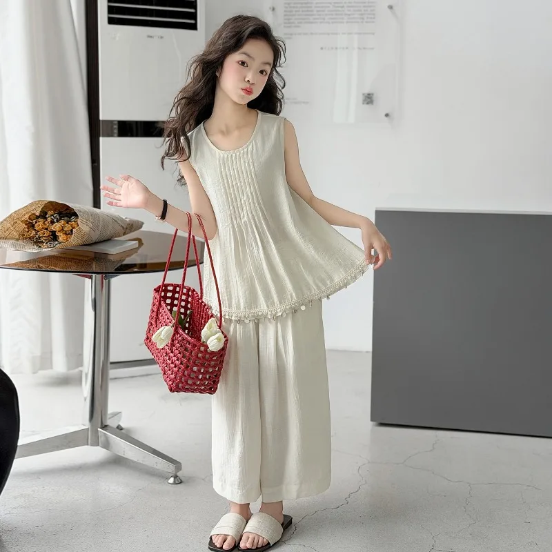 Children Clothes Girls Summer 2026 Bohemian Style Sleeveless Top and Wide Leg Pants Loose Comfortable Breathable