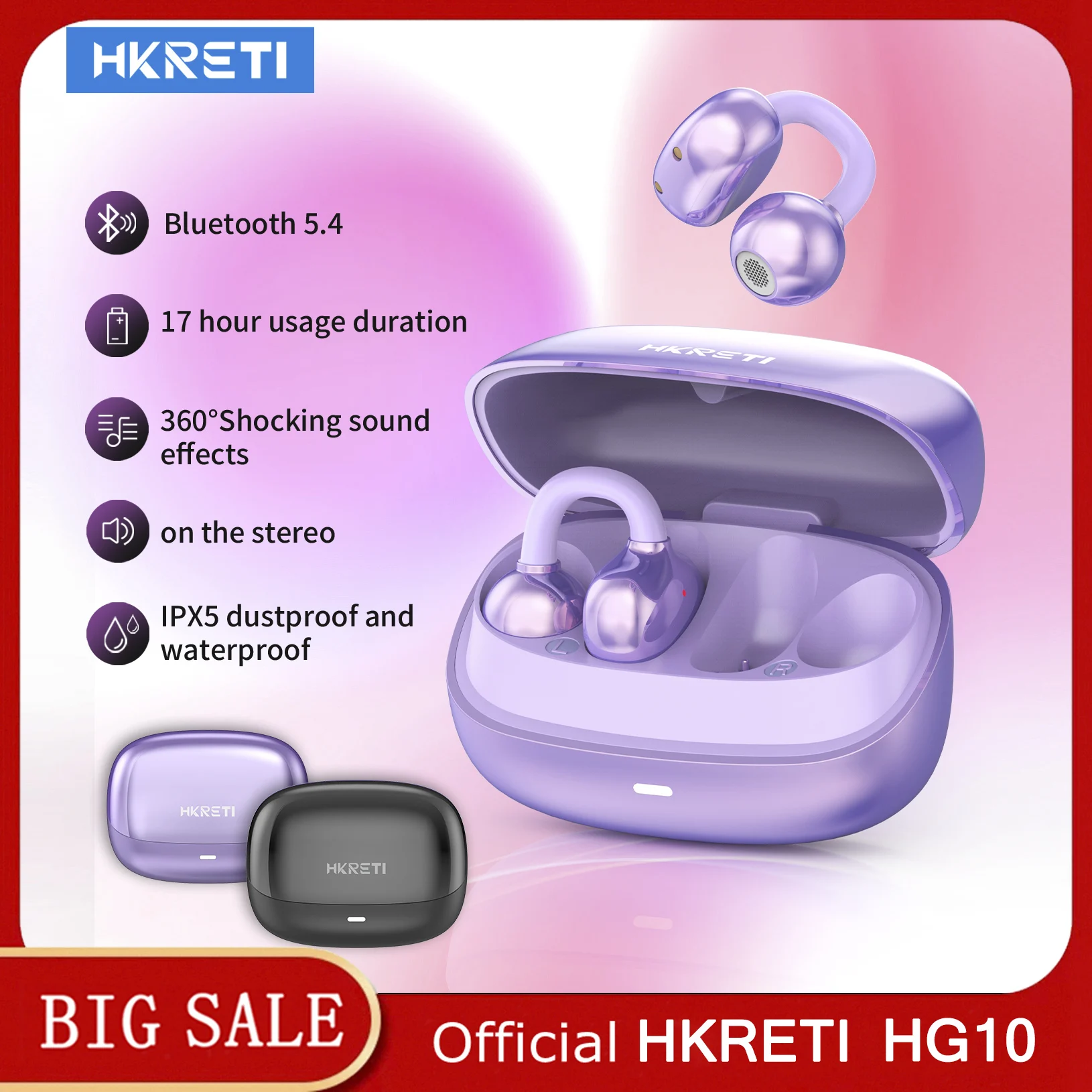 

HKRETI HG10 wireless earphones Bluetooth 5.4 sports waterproof noise reduction clip on stereo compatible with Android and iOS