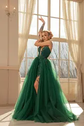 Green Beaded Applique Evening Dresses Removable Skirt Glitters Tulle Strapless Sleeveless Formal Party Prom Gowns Front Slit