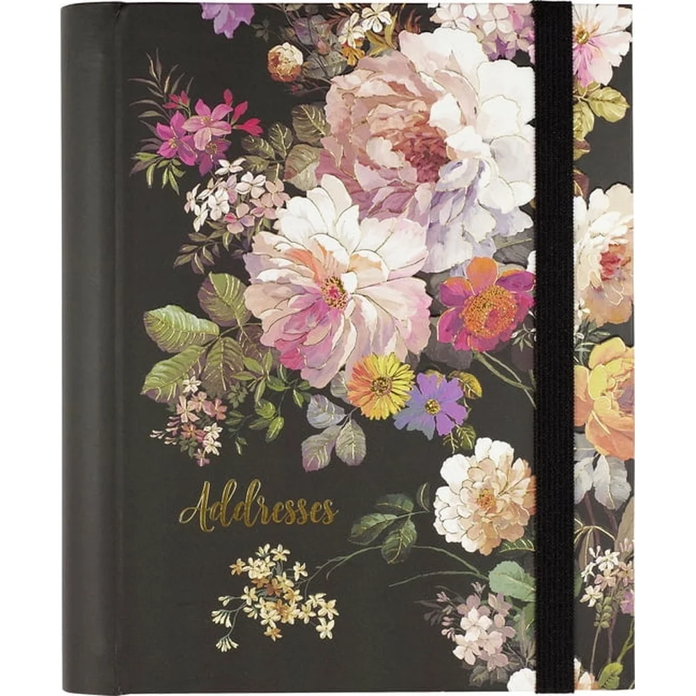 Libro degli indirizzi floreali di mezzanotte con copertina rigida, 132 pagine, divisori con linguette, tasca con chiusura elastica, strumento di organizzazione dal design durevole
