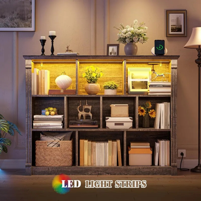 LED 조명과 충전 스테이션이 있는 10개의 큐브 수납 정리함, 침실 거실용 나무 큐브 선반 디스플레이 캐비닛